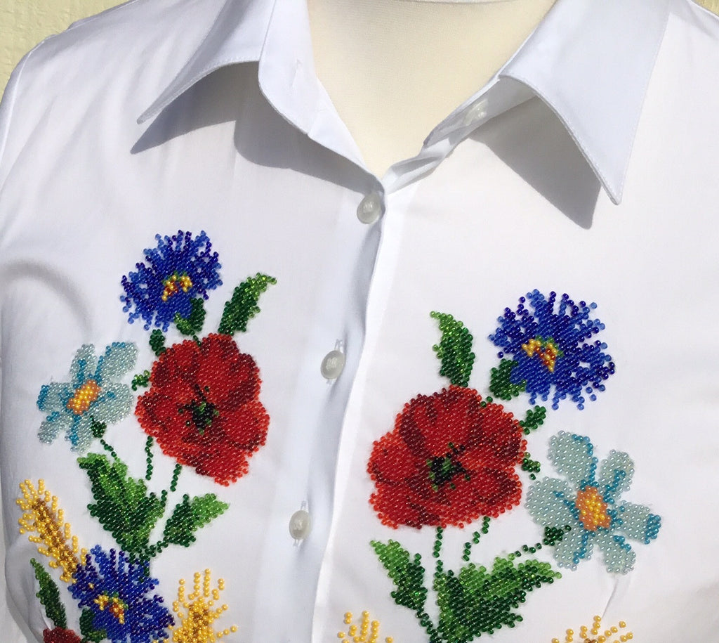 HAND EMBROIDERED WHITE SHIRT WITH BEADS - DOUBLE CUFF