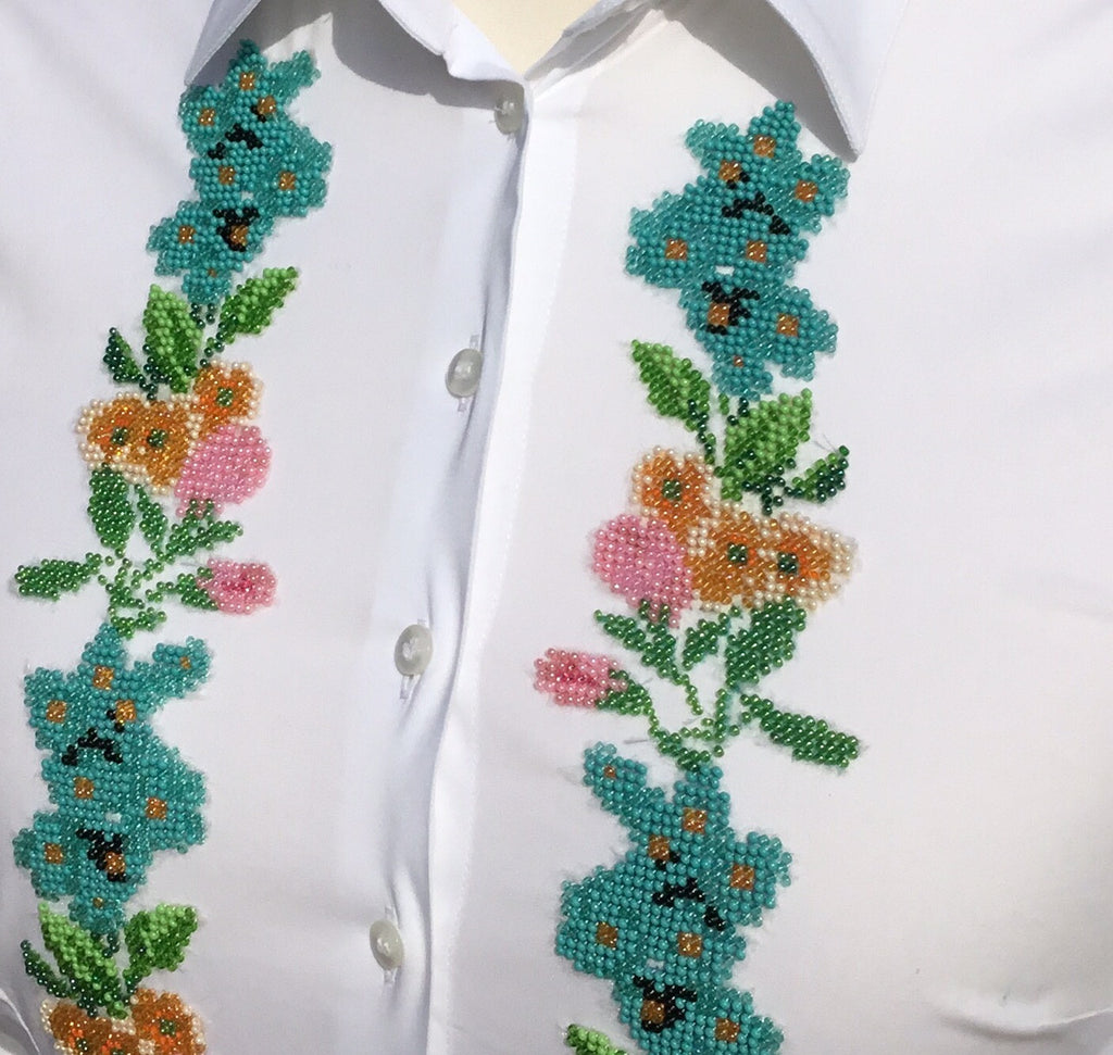 HAND EMBROIDERED WHITE SHIRT WITH BEADS - DOUBLE CUFF