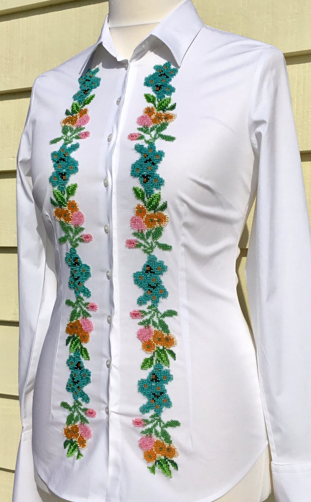 HAND EMBROIDERED WHITE SHIRT WITH BEADS - DOUBLE CUFF