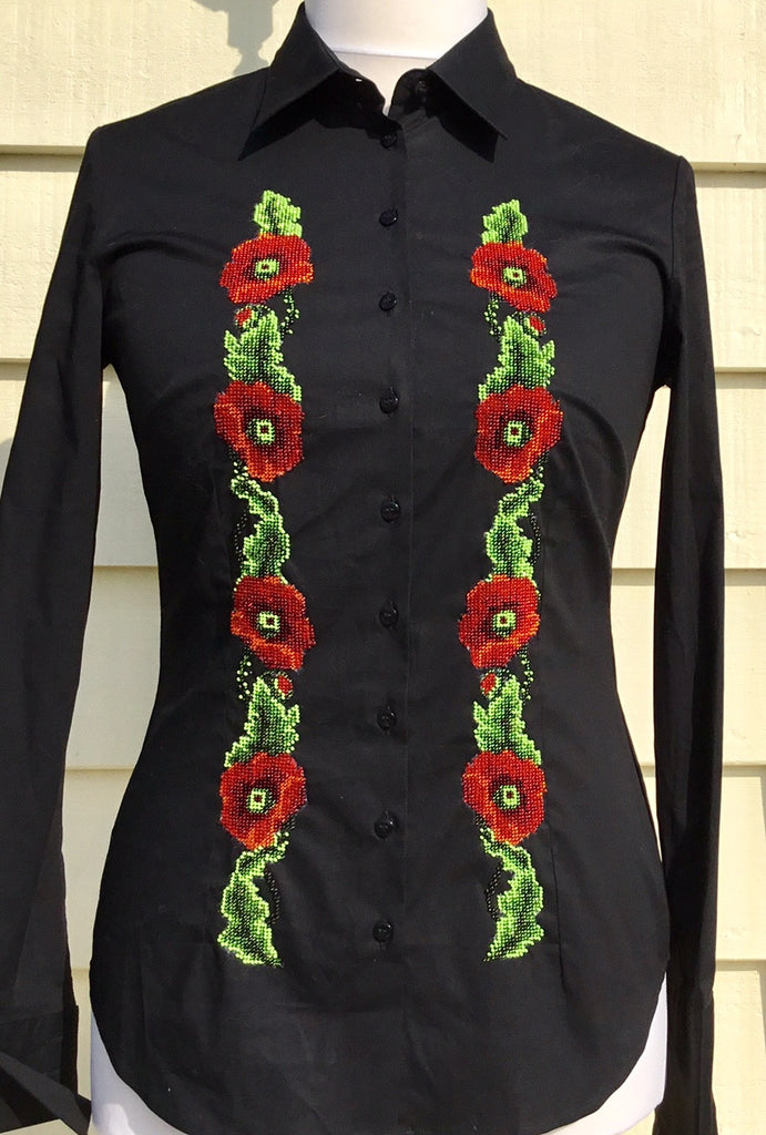 HAND EMBROIDERED BLACK SHIRT WITH BEADS - DOUBLE CUFF