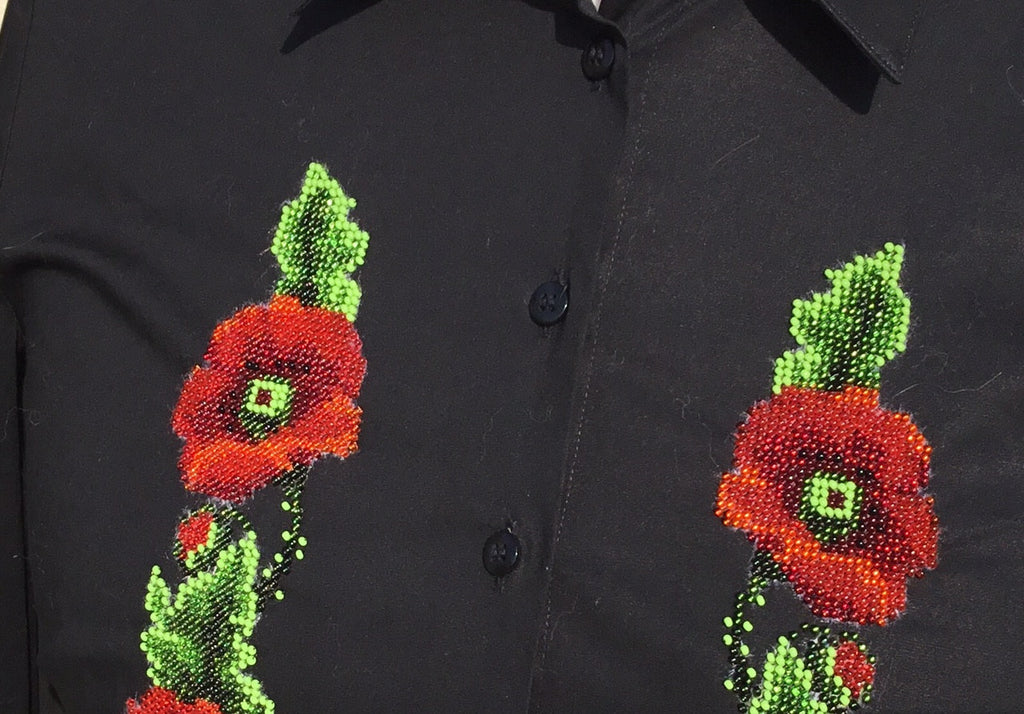 HAND EMBROIDERED BLACK SHIRT WITH BEADS - DOUBLE CUFF