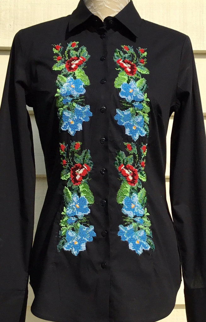 HAND EMBROIDERED BLACK SHIRT WITH BEADS - DOUBLE CUFF