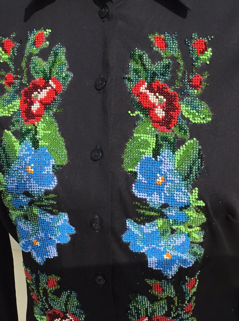 HAND EMBROIDERED BLACK SHIRT WITH BEADS - DOUBLE CUFF
