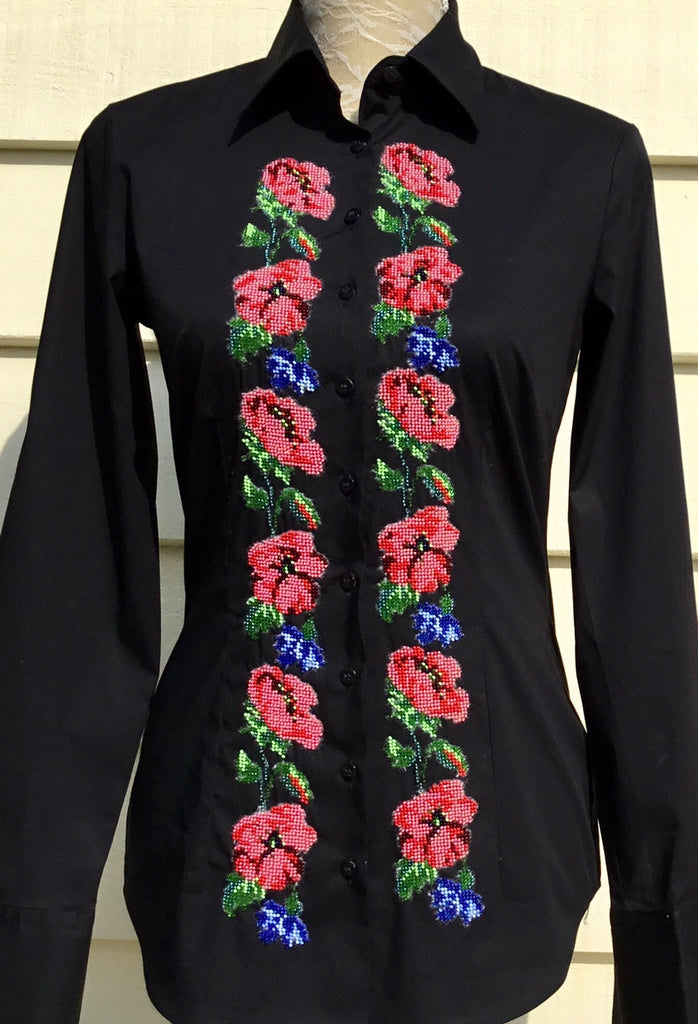HAND EMBROIDERED BLACK SHIRT WITH BEADS - DOUBLE CUFF