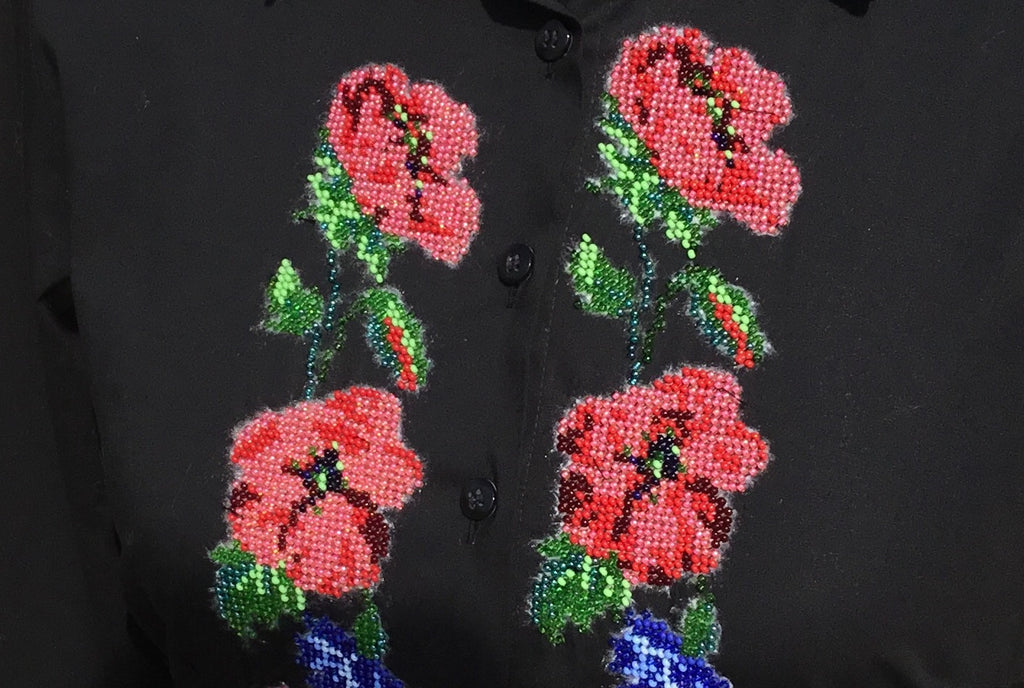 HAND EMBROIDERED BLACK SHIRT WITH BEADS - DOUBLE CUFF