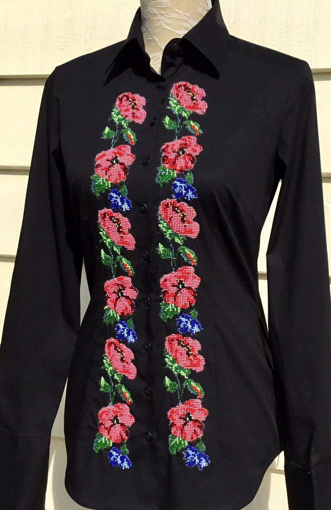 HAND EMBROIDERED BLACK SHIRT WITH BEADS - DOUBLE CUFF