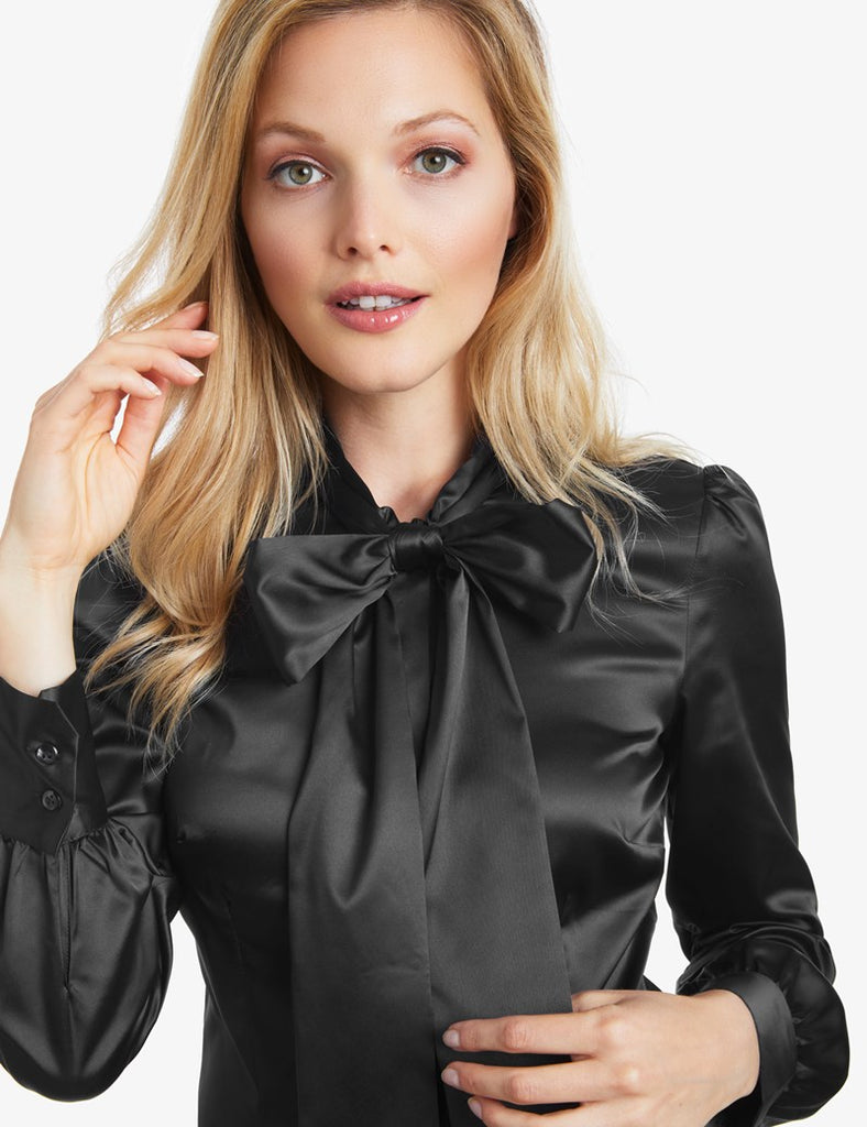 Black Fitted Satin Blouse, Pussy Bow