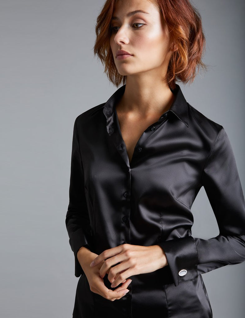 PLAIN BLACK FITTED SATIN SHIRT - DOUBLE CUFF