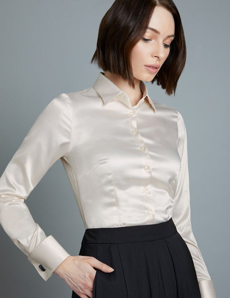 Cream Fitted Satin Shirt Double Cuff miss cufflinks
