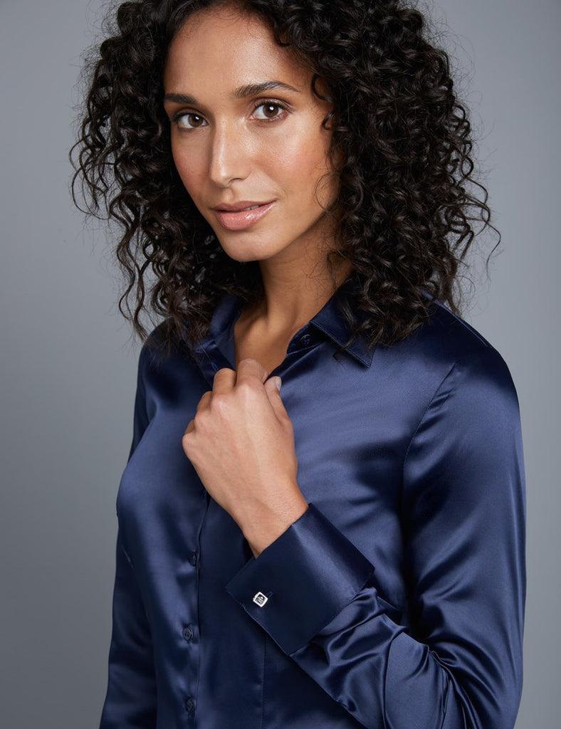 Luxury Navy Satin Shirt, Double Cuff