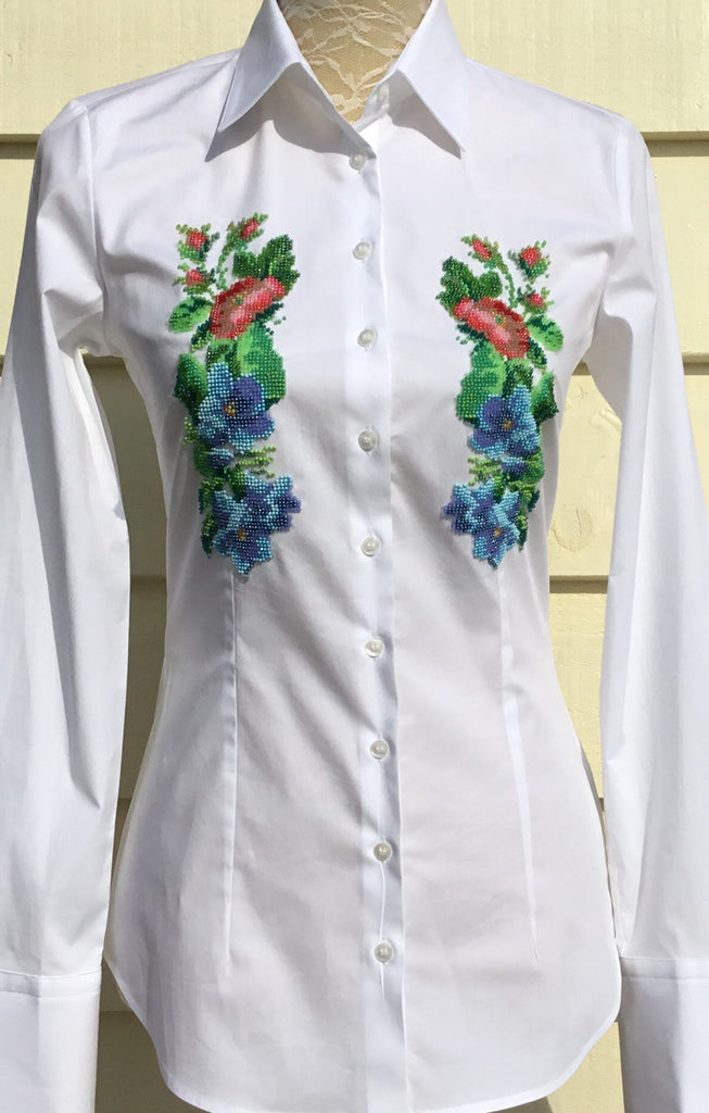 HAND EMBROIDERED WHITE SHIRT WITH BEADS - DOUBLE CUFF