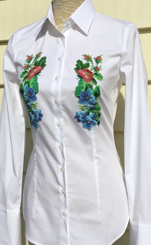 HAND EMBROIDERED WHITE SHIRT WITH BEADS - DOUBLE CUFF