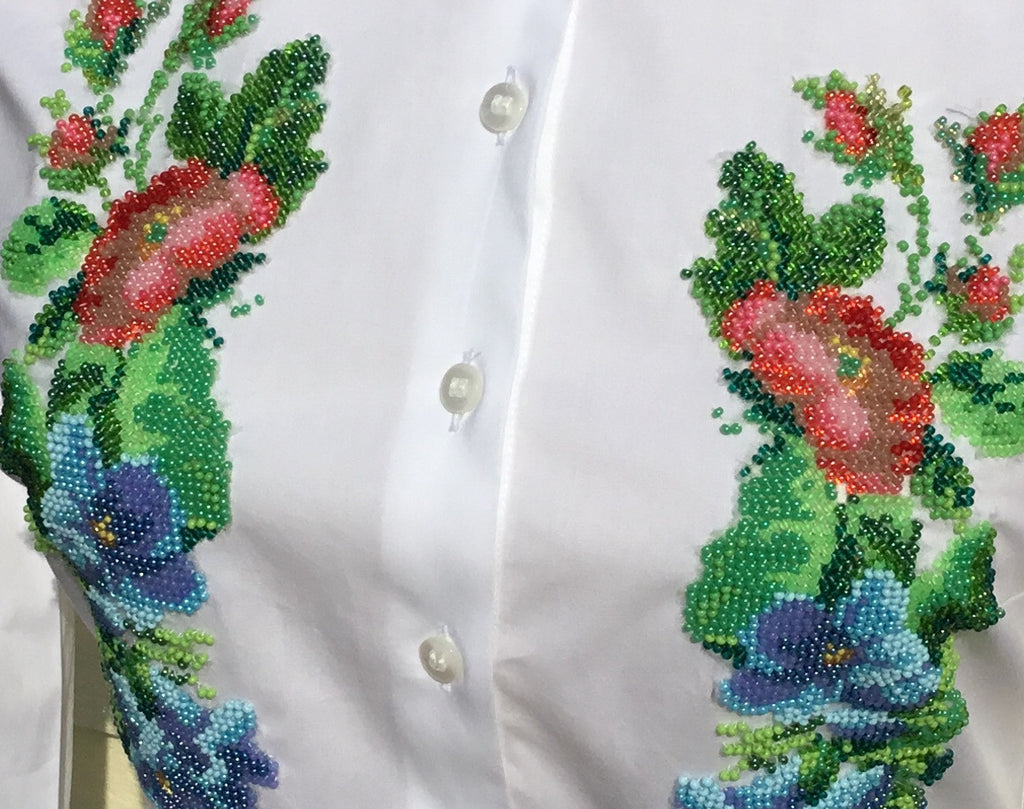HAND EMBROIDERED WHITE SHIRT WITH BEADS - DOUBLE CUFF