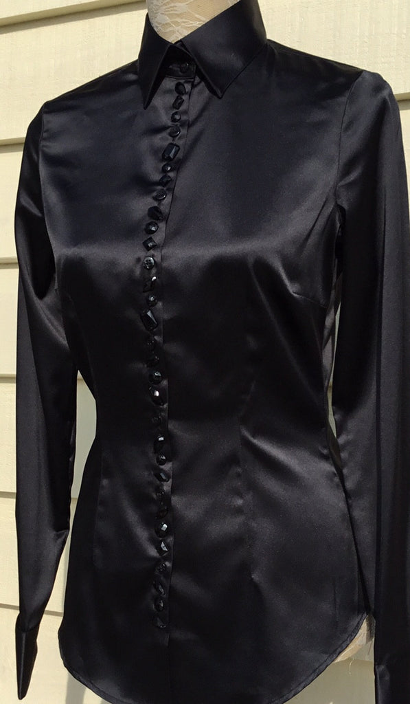 JEWELLERED BLACK FITTED SATIN SHIRT - DOUBLE CUFF