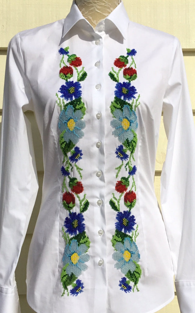 HAND EMBROIDERED WHITE SHIRT WITH BEADS - DOUBLE CUFF