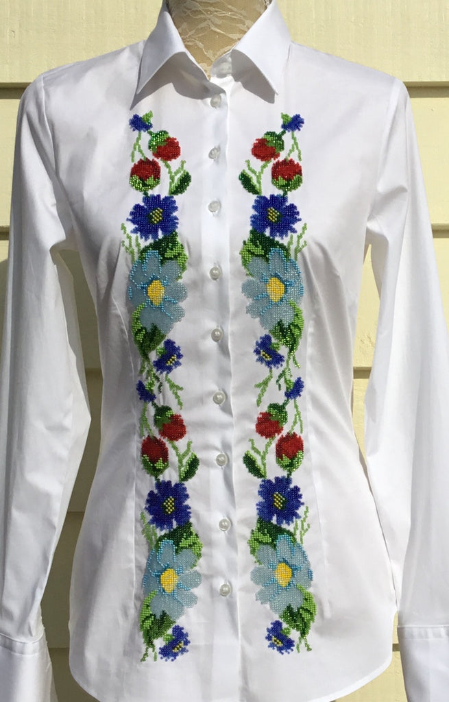HAND EMBROIDERED WHITE SHIRT WITH BEADS - DOUBLE CUFF