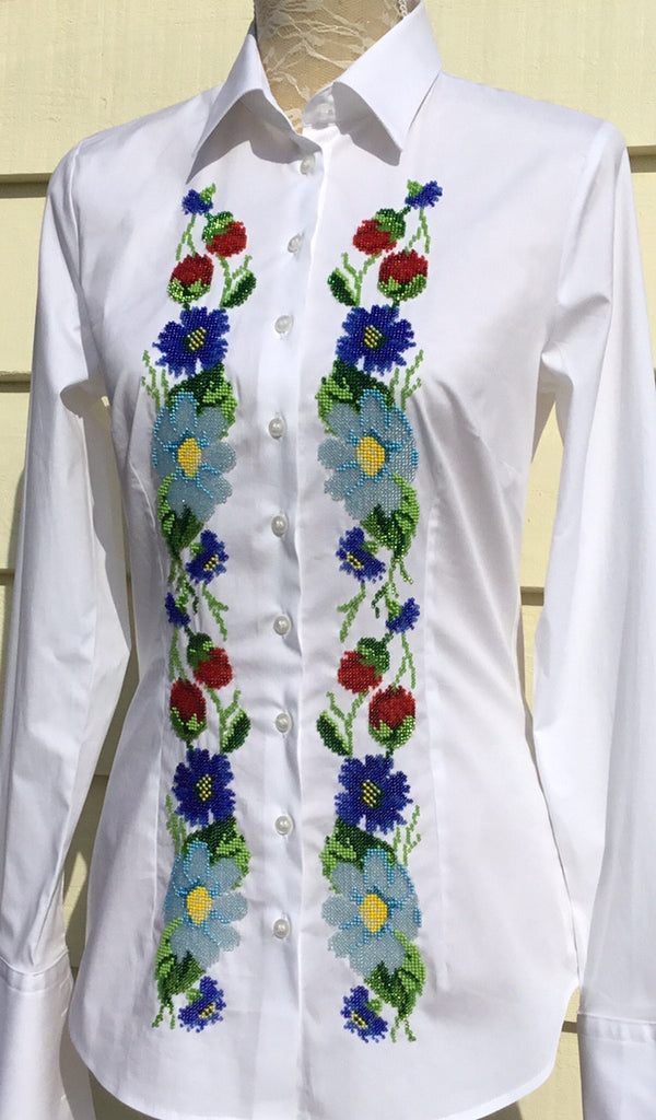 HAND EMBROIDERED WHITE SHIRT WITH BEADS - DOUBLE CUFF