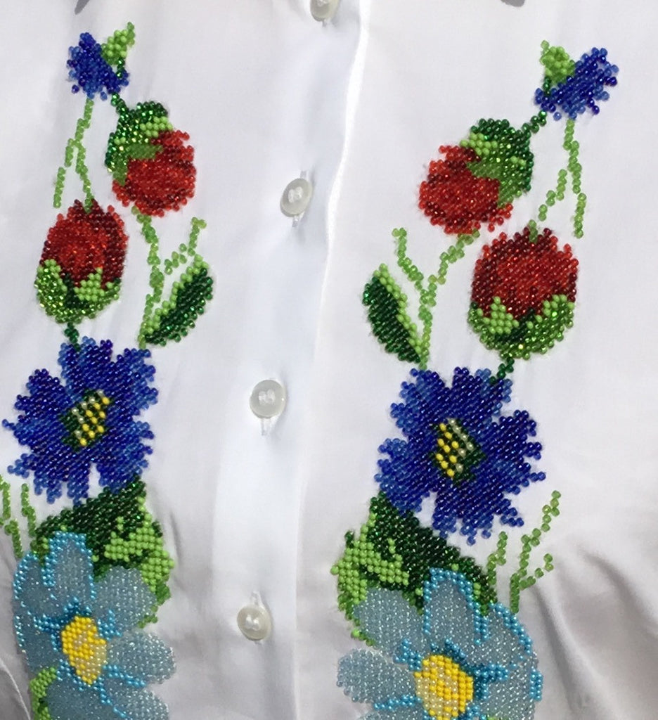HAND EMBROIDERED WHITE SHIRT WITH BEADS - DOUBLE CUFF