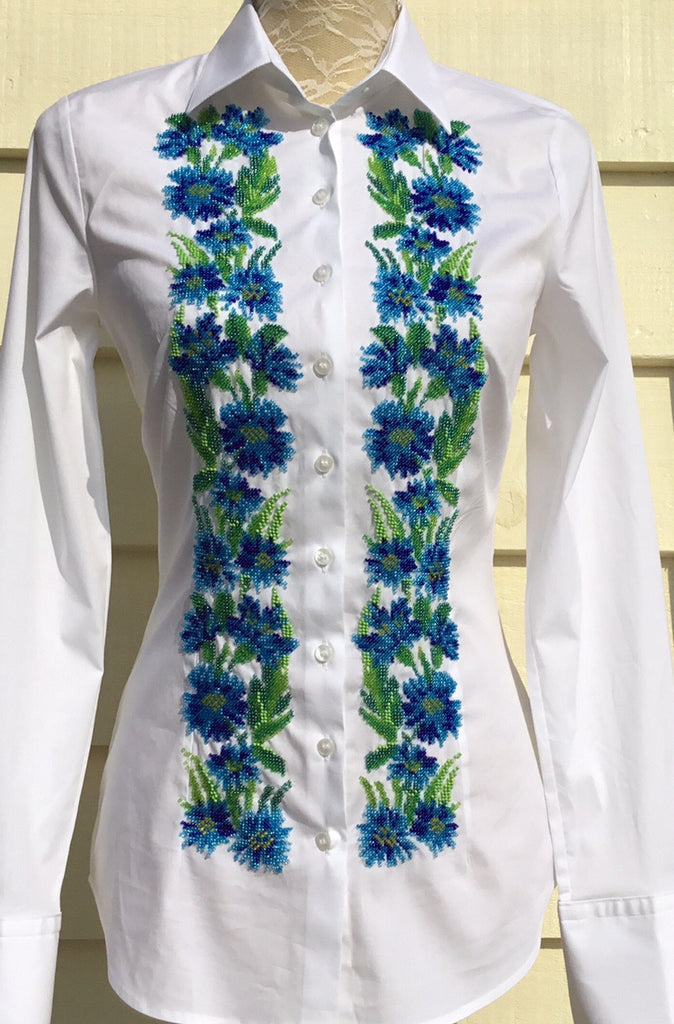 HAND EMBROIDERED WHITE SHIRT WITH BEADS - DOUBLE CUFF