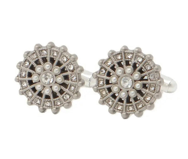 Silver crystal pearl round cufflinks