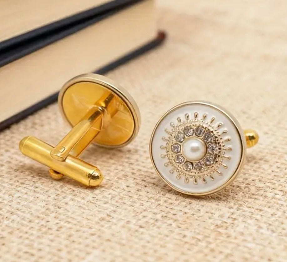 Gold crystal round pearl cufflinks