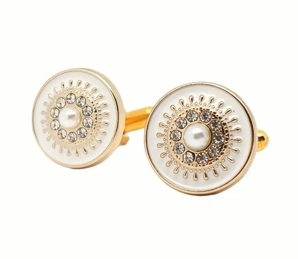 Gold crystal round pearl cufflinks