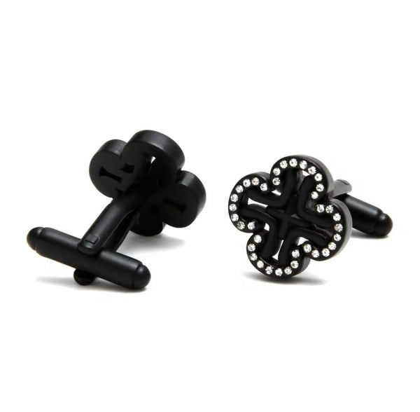 RHINESTONE black CLOVER BUTTON FORMAL CUFFLINKS