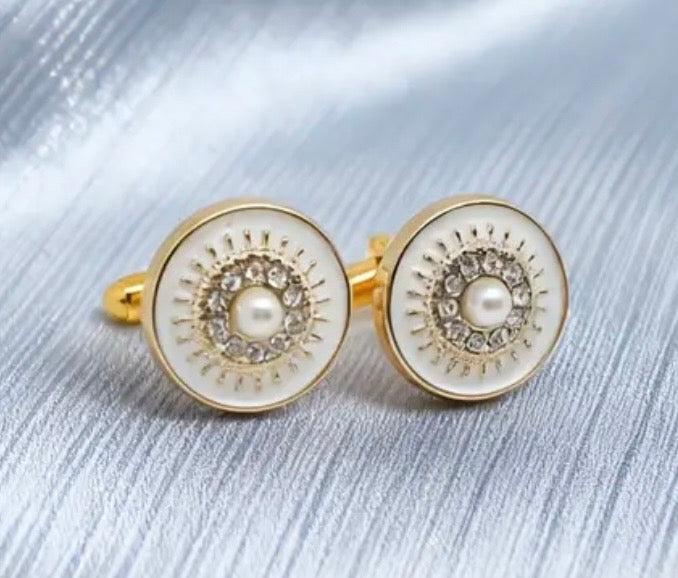 Gold crystal round pearl cufflinks