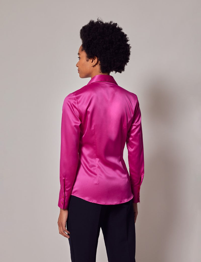 Fuschia Fitted Satin Shirt - Single Cuff