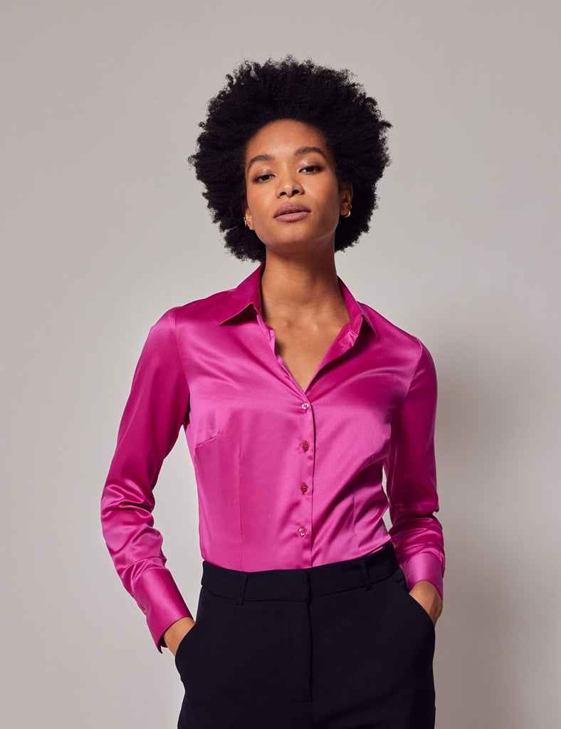 Fuschia Fitted Satin Shirt - Single Cuff