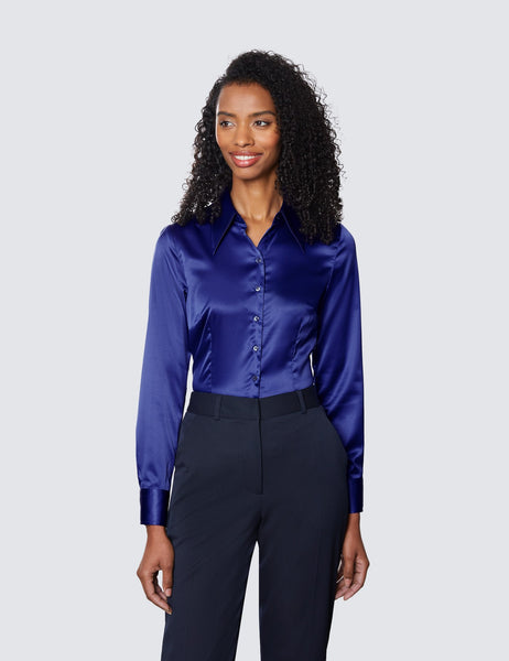Royal Blue Vintage Collar Satin Shirt - Single Cuff