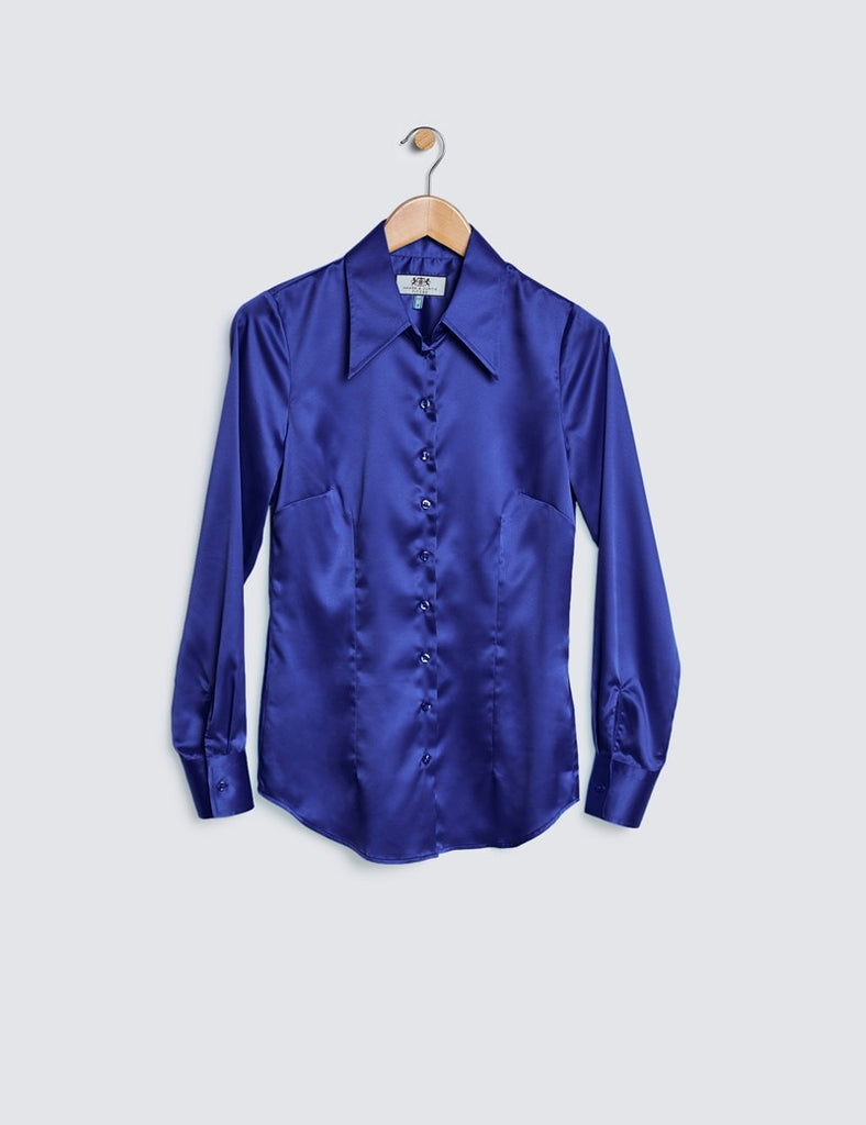 Royal Blue Vintage Collar Satin Shirt - Single Cuff
