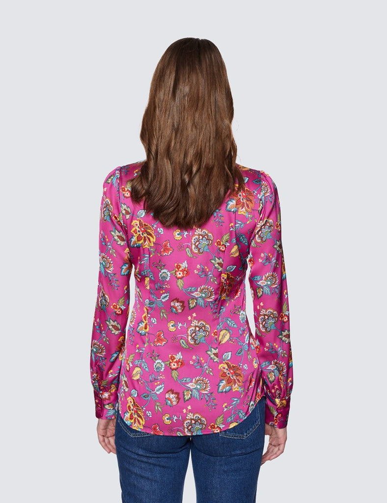 Pink & Blue Floral Print shirt - Single Cuff - Pussy Bow