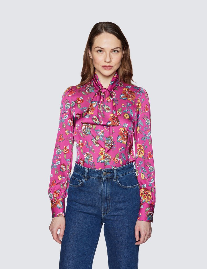 Pink & Blue Floral Print shirt - Single Cuff - Pussy Bow