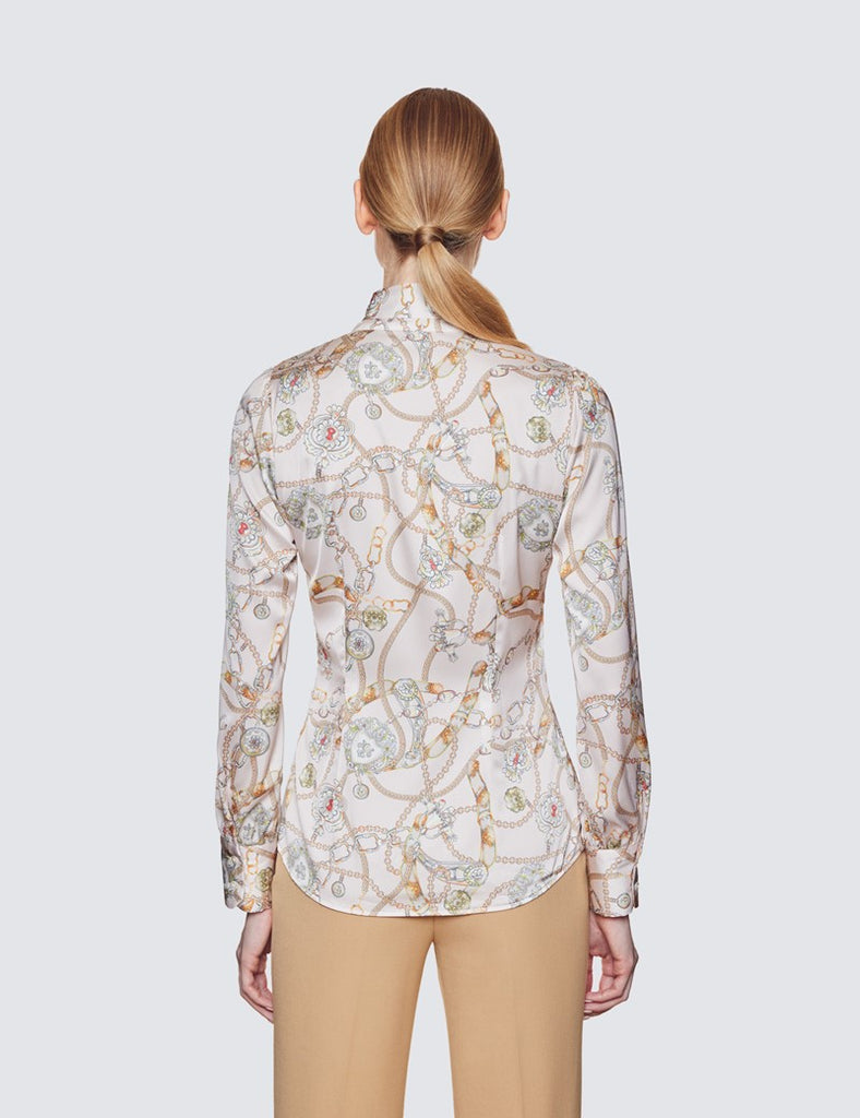 Cream & Gold Chain Print shirt - Single Cuff - Pussy Bow