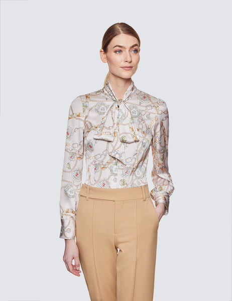 Cream & Gold Chain Print shirt - Single Cuff - Pussy Bow