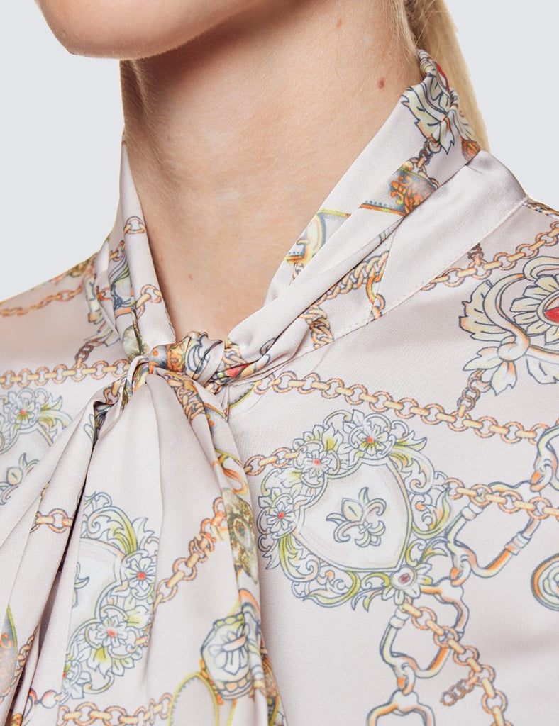 Cream & Gold Chain Print shirt - Single Cuff - Pussy Bow