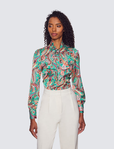 Green & Orange shirt - Single Cuff - Pussy Bow