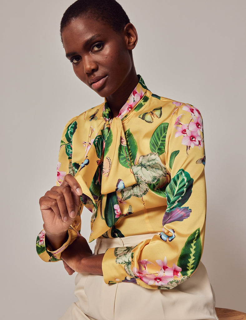 Yellow & Green Tropical shirt - Single Cuff - Pussy Bow