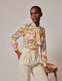 Cream & Yellow Floral shirt - Single Cuff - Pussy Bow
