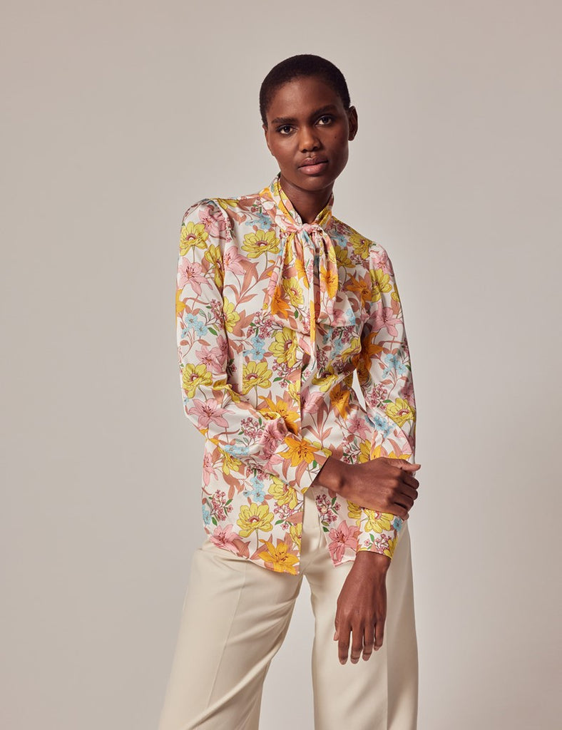 Cream & Yellow Floral shirt - Single Cuff - Pussy Bow