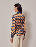 Navy & Orange Geometric Satin Shirt - Single Cuff - Pussy Bow