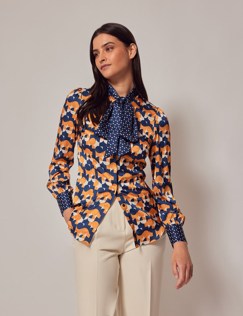 Navy & Orange Geometric Satin Shirt - Single Cuff - Pussy Bow