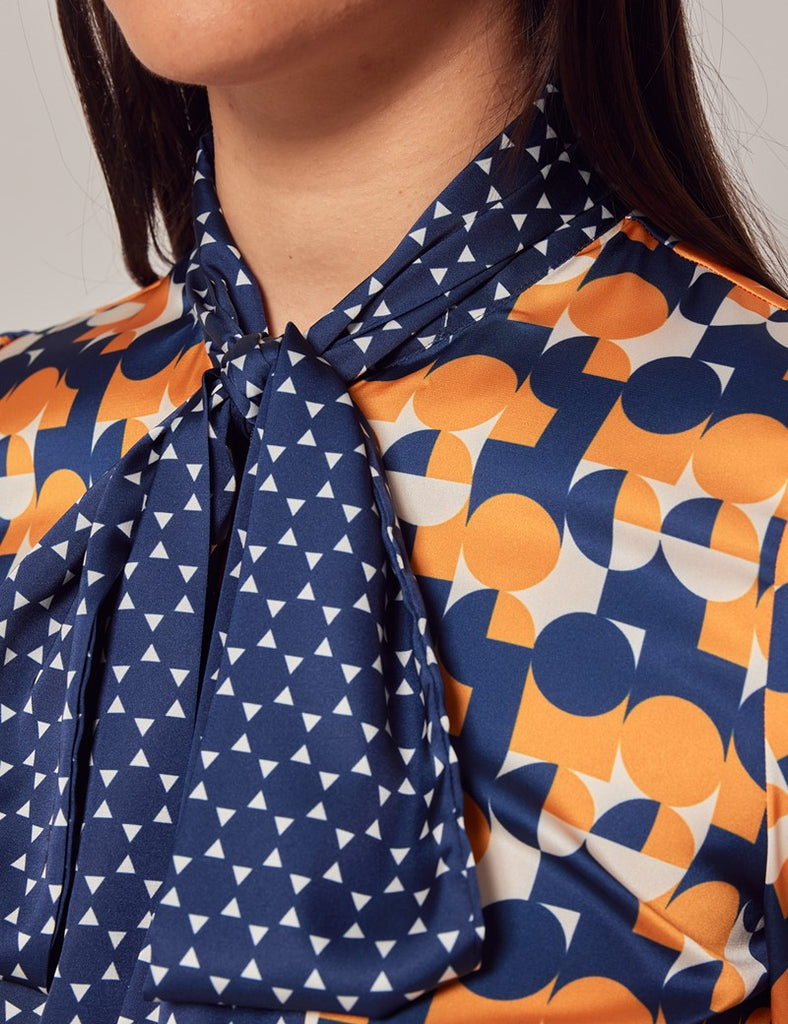 Navy & Orange Geometric Satin Shirt - Single Cuff - Pussy Bow