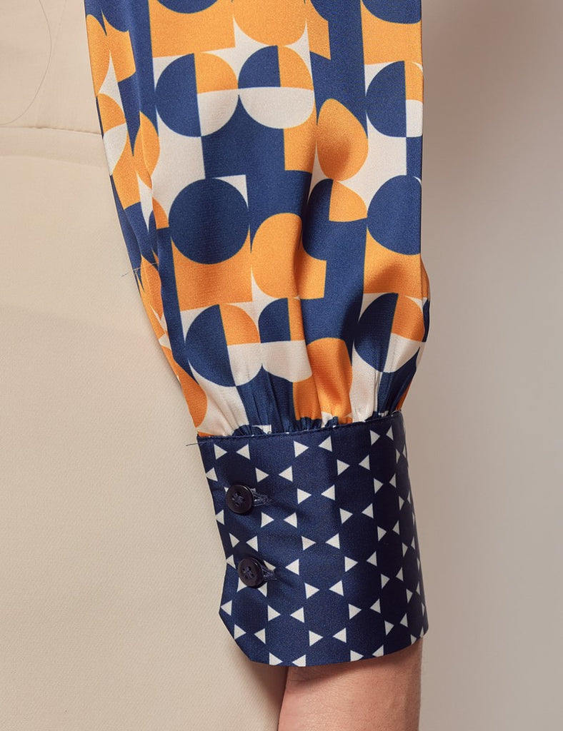 Navy & Orange Geometric Satin Shirt - Single Cuff - Pussy Bow