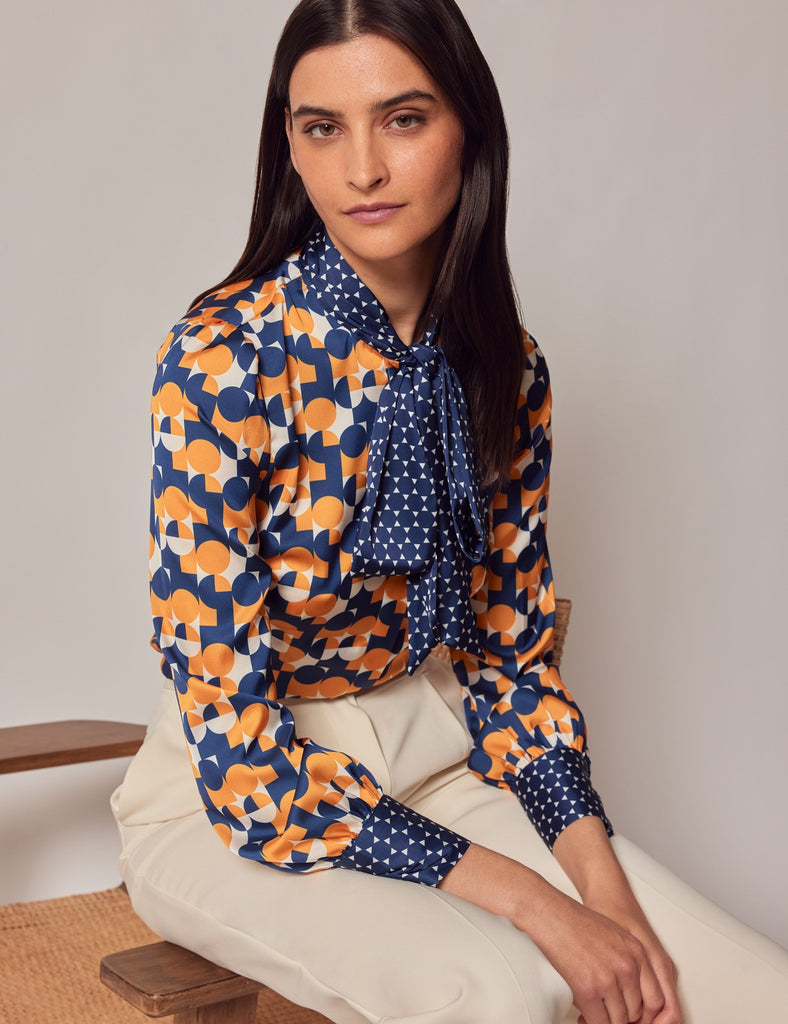 Navy & Orange Geometric Satin Shirt - Single Cuff - Pussy Bow