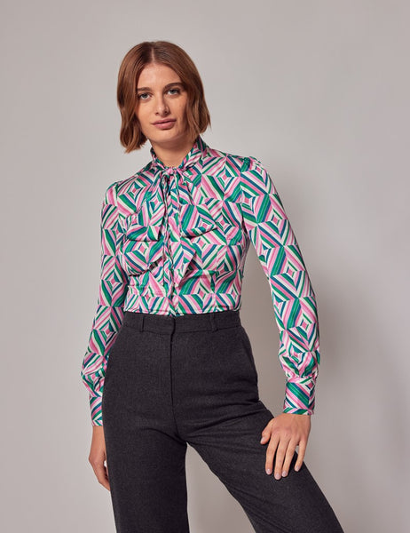 Green & Pink Diamond shirt - Single Cuff - Pussy Bow