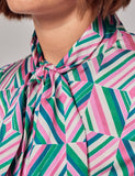 Green & Pink Diamond shirt - Single Cuff - Pussy Bow