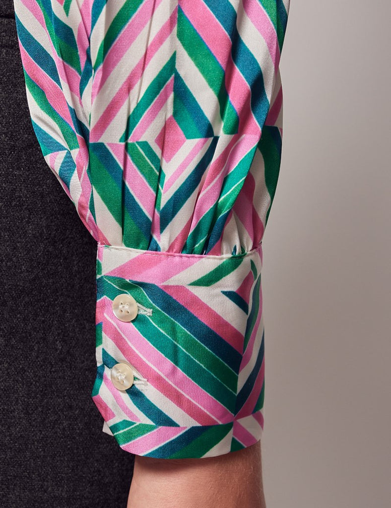 Green & Pink Diamond shirt - Single Cuff - Pussy Bow