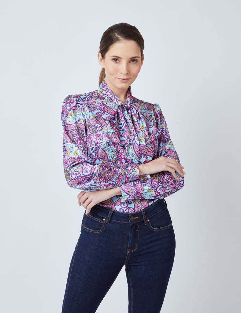 Light Blue & Pink Floral Paisley shirt - Single Cuff - Pussy Bow